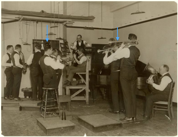 Columbians Dance Orchestra in 1921 with Farberman and Hannaford marked. Photo from Mark Berresford.